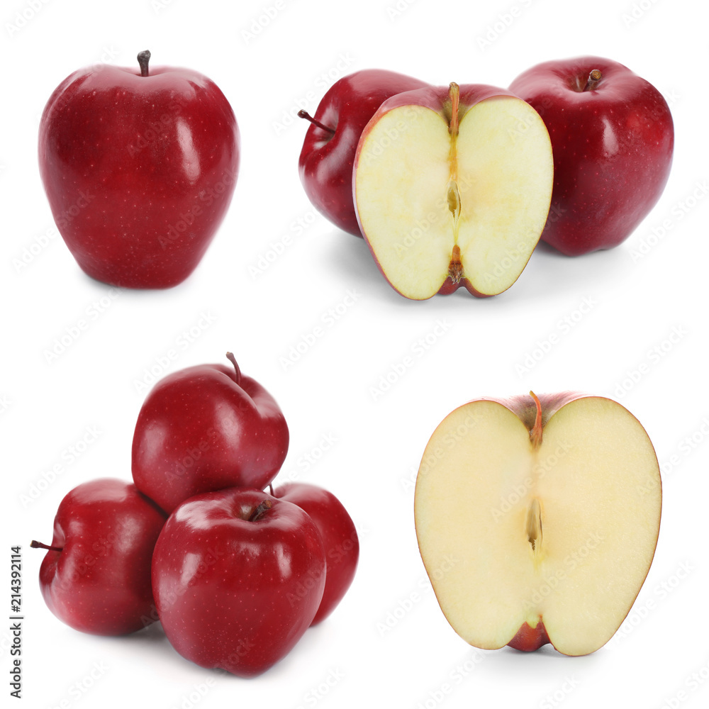 Set with fresh ripe apples on white background Set with fresh ripe apples on white background