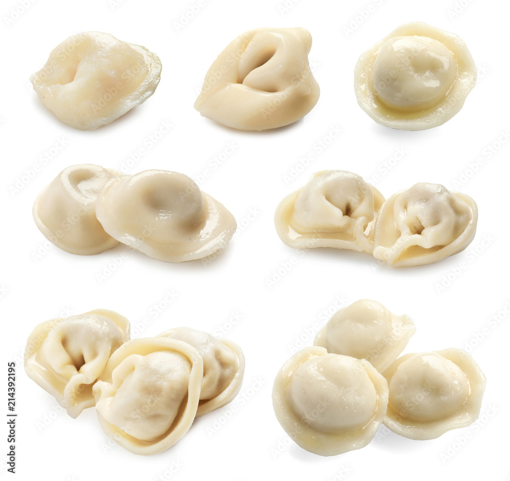 Set of cooked dumplings on white background Set of cooked dumplings on white background