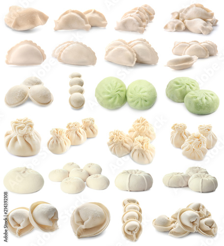 Set with different raw dumplings on white background
