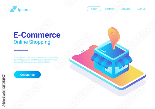 E-commerce isometric vector. Web Shop Store in Smartphone
