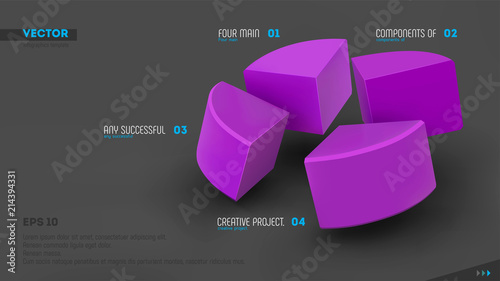 Four parts of whole. Teamwork concept. Purple sectors and labels on gray background. 3d vector infographic template. Eps10.