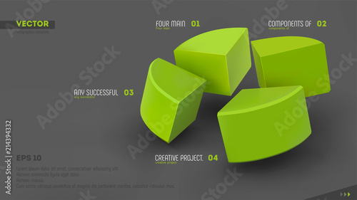 Four parts of whole. Teamwork concept. Green sectors and labels on gray background. 3d vector infographic template. Eps10.