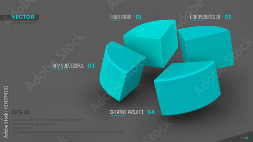 Four parts of whole. Teamwork concept. Blue sectors and labels on gray background. 3d vector infographic template. Eps10.