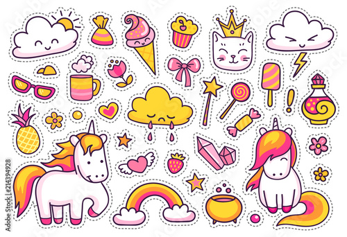 Cute unicorns with magic elements.