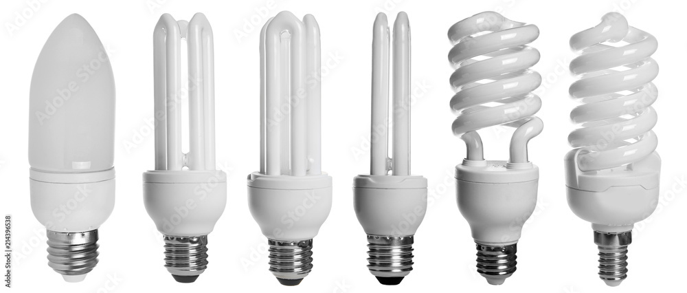 Set with different light bulbs for lamps on white background Set with different light bulbs for lamps on white background