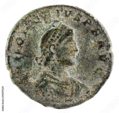 Ancient Roman copper coin of Emperor Honorius. Obverse. photo
