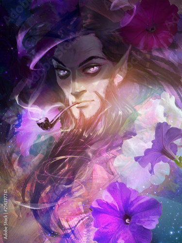 Fotografie Hand drawn digital portrait illustration of a handsome elf man with a smoking pi