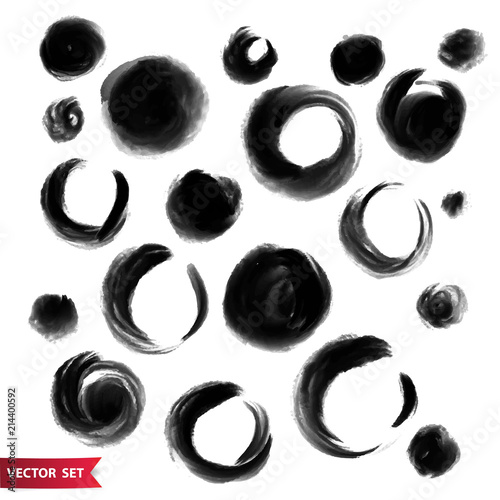 Vector set of ink drawing circles various sizes, monochrome artistic illustration, isolated elements, hand drawn illustration.
