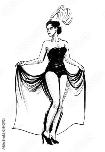 Cabaret performer. Ink black and white illustration