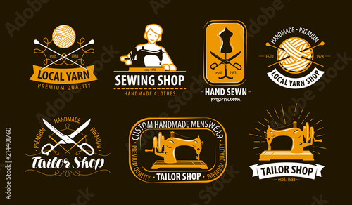 Tailoring, tailor shop logo or label. Atelier, knitting symbol set. Vector illustration