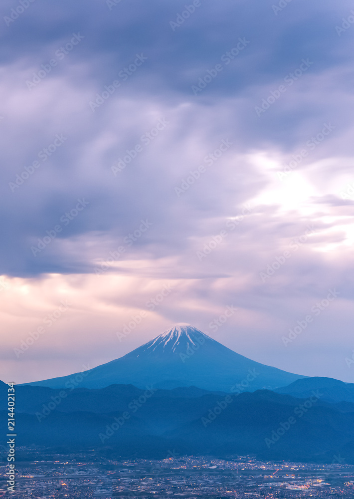 Mountain Fuji with rain cloudy in early morning