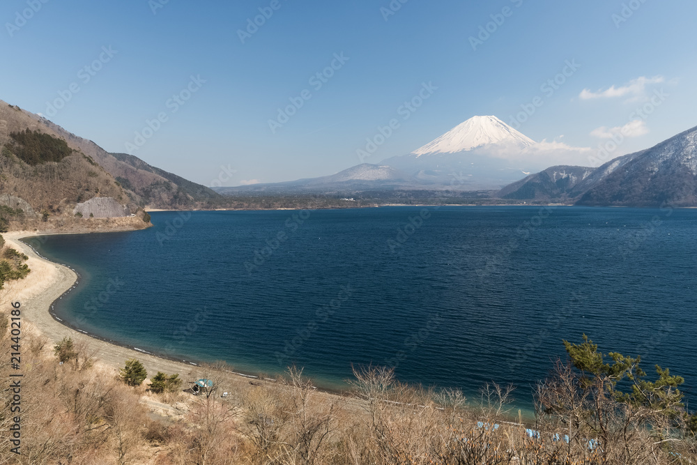 Mt. Fuji and Motosu lake in spring season.