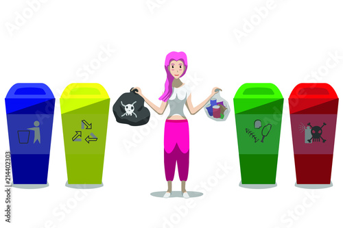 Sample character young woman waste separation type vector illustration isolated on white background