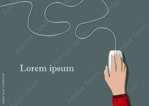 vector - hand on mouse and cable for work computer and online shopping advertising and general, isolated on gray background
