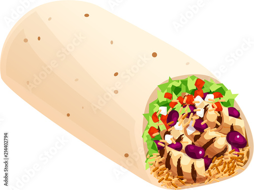 Mexican burrito with grilled chicken, lettuce, tomatoes, onions, beans, and rice. Isolated vector illustration.