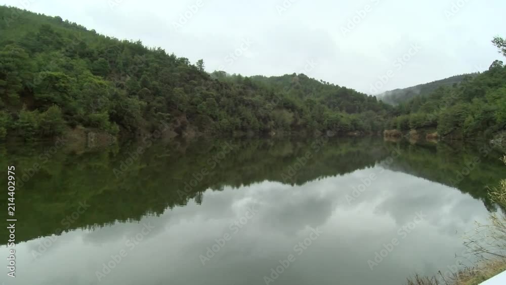 Wide view of a calm lake surrounded by forest Wide view of a calm lake surrounded by forest