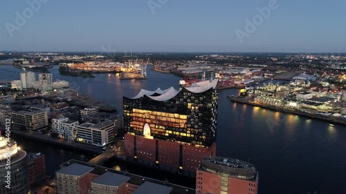 Aerial View of Elbphilharmonie and HafenCity at sunset, Hamburg, Hanseatic City. City lit up at night, Hamburg, Germany Night city landscape. Amazing architecture.