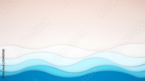 The sea and the beach artwork for vacation time - Blue wave of the sea with white Sand Beach and space for add message - Holiday in Summer season - Paper cut or craft style - 3D illustration