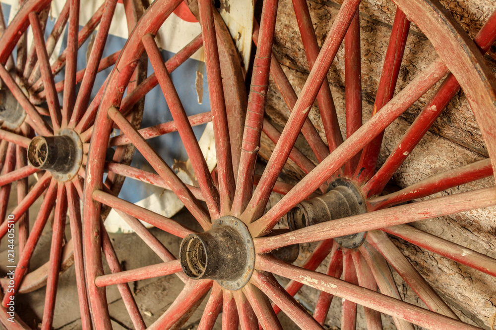 Old red wagon wheels