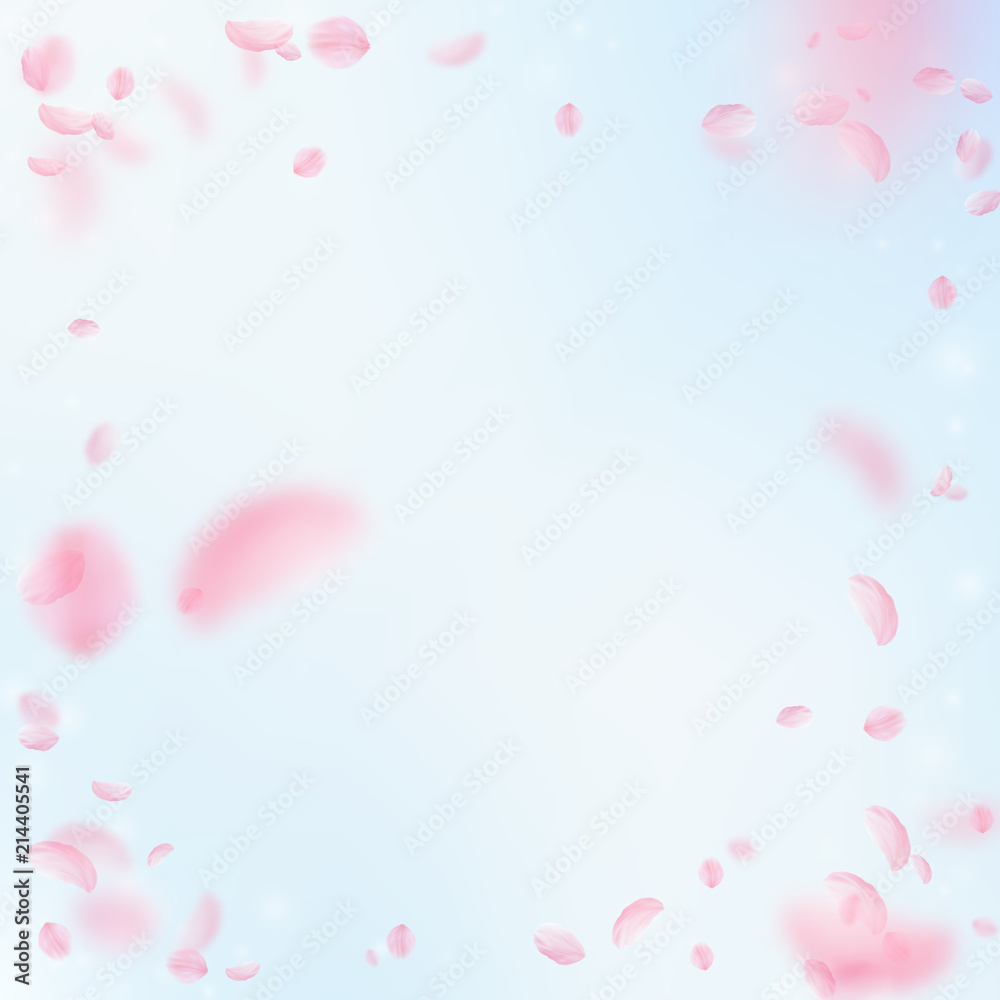 Sakura petals falling down. Romantic pink flowers vignette. Flying petals on blue sky square background. 