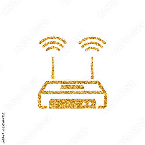Internet router icon in gold glitter texture. Sparkle luxury style vector illustration.