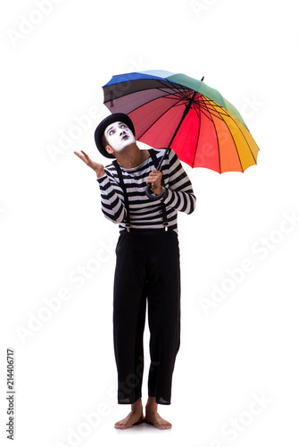 Mime with umbrella isolated on white background