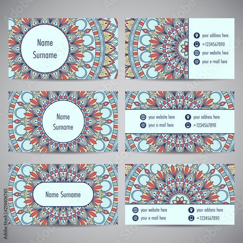 Set of business cards with floral mandala ornaments. Vector illustration