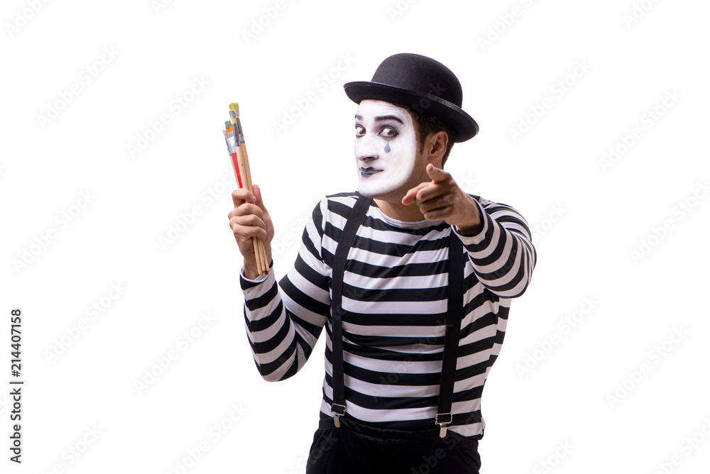 Mime holding brushes isolated on white background Mime holding brushes isolated on white background