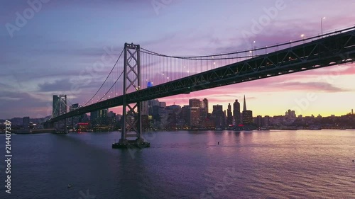 Aerial cityscape video of San Francisco skyline at sunset