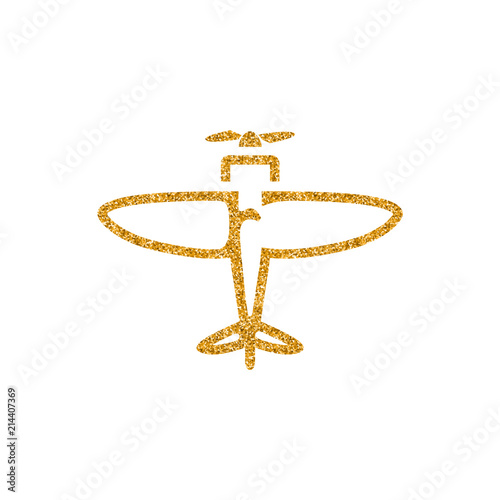 Vintage Airplane icon in gold glitter texture. Sparkle luxury style vector illustration.