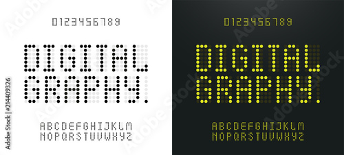 Green alphabet and numbers LED digital alphabet. Electronic scoreboard display, letters, sign, symbols. Technology concept graphic element