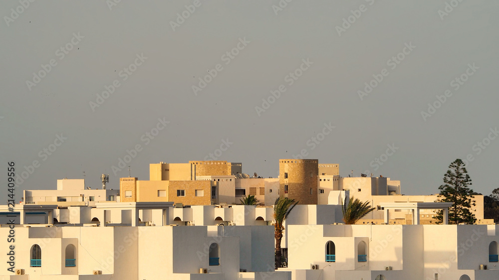 View of the sunset on the town Nabeul. North Africa , Tunisia.