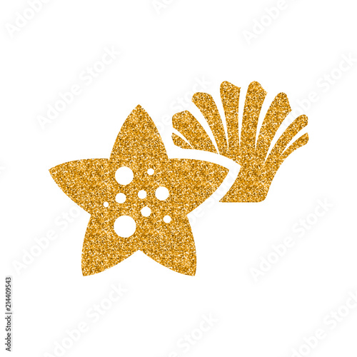 Star fish icon in gold glitter texture. Sparkle luxury style vector illustration.