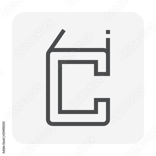 Steel product vector icon. C profile shape. That alloy of iron from steel production industry and metallurgy used as beam, bar, frame, girder, structure in engineering, construction building material.