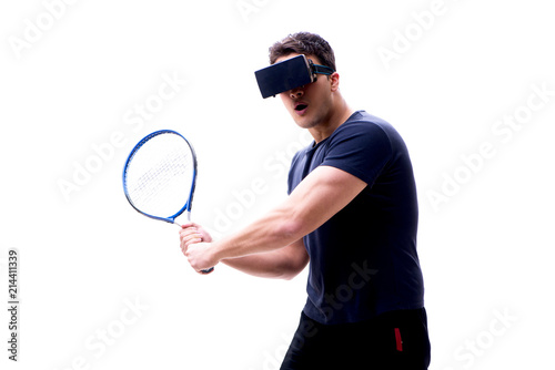 Man playing with virtual reality glasses on white background © Elnur