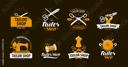 Tailoring, tailor shop logo or label. Atelier symbol set. Vector illustration