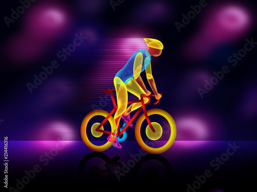 Bright, glowing silhouette of bicyclist on podium. Stylish poster, banner. Vector illustration
