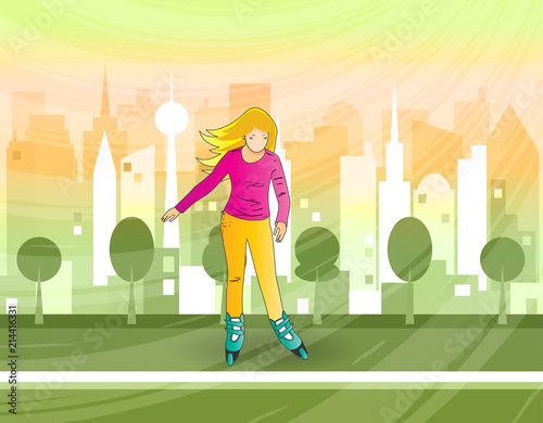 Young girl rides roller skates in park. In the background, silhouette of city in sunshine. Summer vacations, hobbies, pastime. Vector illustration