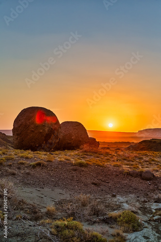 The wonderful Golden Hour with Round Rocks at sunset in Naizatau of Mangystau, Kazakhstan
