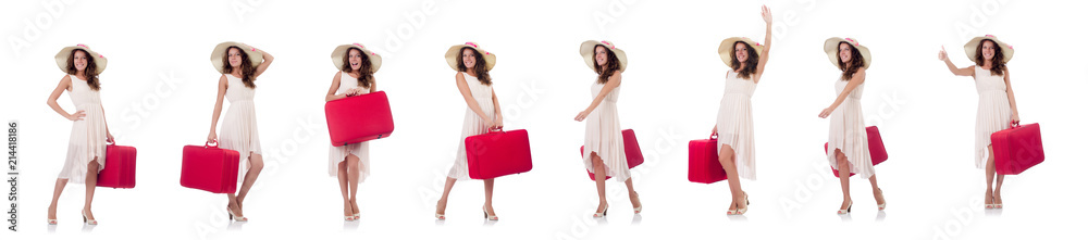 Woman traveller with suitcase isolated on white Woman traveller with suitcase isolated on white