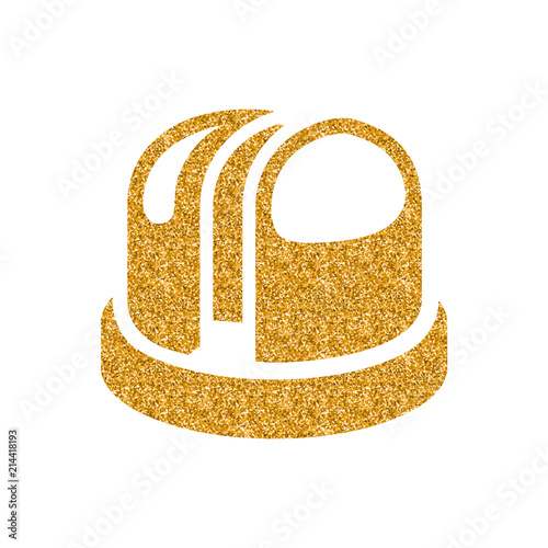 Earth telescope icon in gold glitter texture. Sparkle luxury style vector illustration.