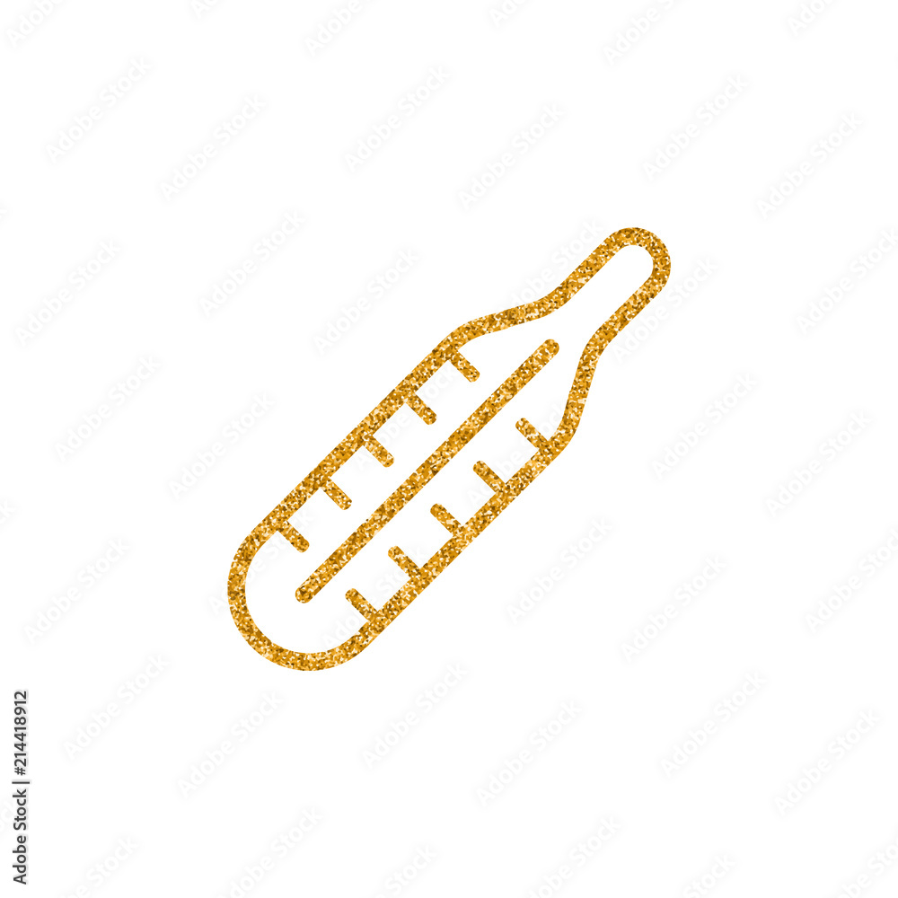Thermometer icon in gold glitter texture. Sparkle luxury style vector illustration.