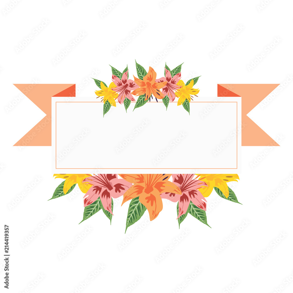 Beautiful Flower Floral Wreath Ribbon Frame Flat Illustration