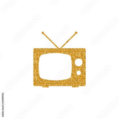 Television icon in gold glitter texture. Sparkle luxury style vector illustration.