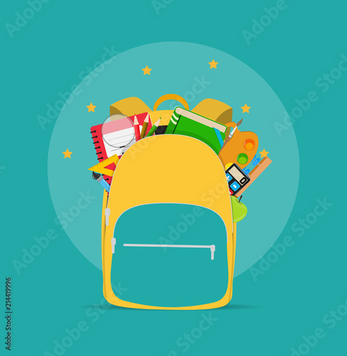 Bag, backpack icon with school accessories. Vector Illustration