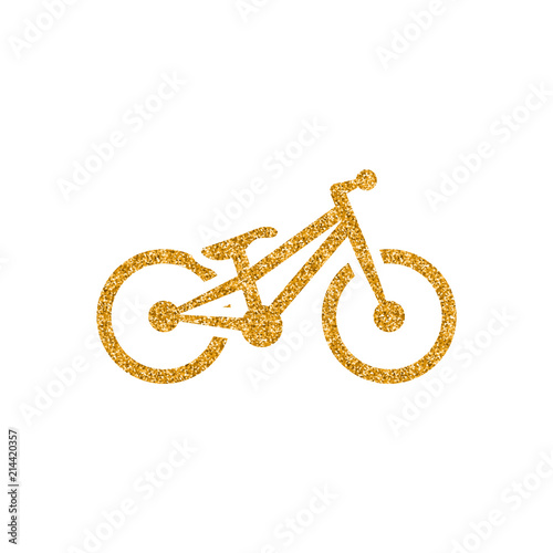 Trial bicycle icon in gold glitter texture. Sparkle luxury style vector illustration.