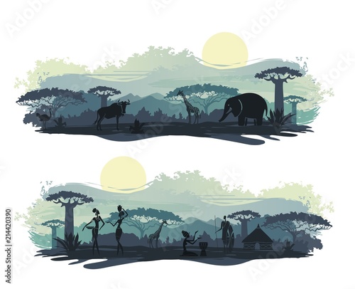 African landscape with people and animals