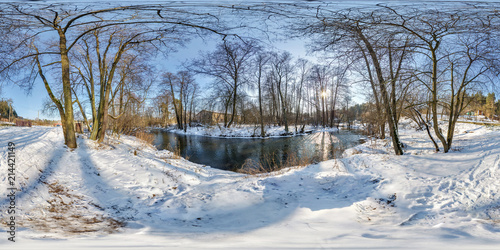 full seamless spherical panorama 360 by 180 degrees angle view near a narrow fast river in a winter sunny evening in equirectangular projection, skybox VR AR virtual reality content © hiv360