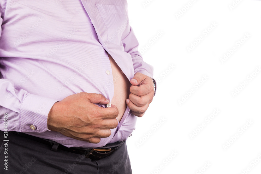 Man with unhealthy big belly unbutton tight shirt to relief Stock Photo |  Adobe Stock