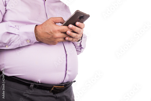 Big belly man with visceral subcutaneous fats in tight shirt